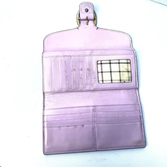 Coach Leather Wallet pink buckle clutch plaid lining - Picture 5 of 9